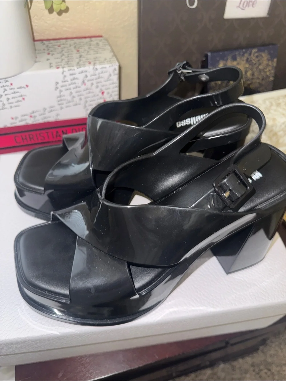 Melissa Black Glossy Platform Slingback Sandals